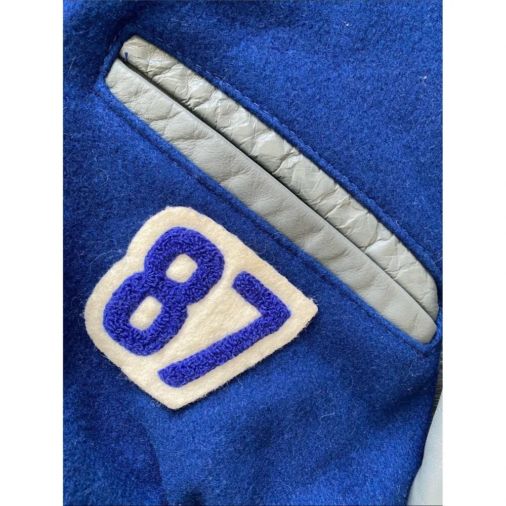 Vintage 80’ DeLONG Mens Varsity Letterman Jacket Wool Leather 46 L/XL Blue Grey